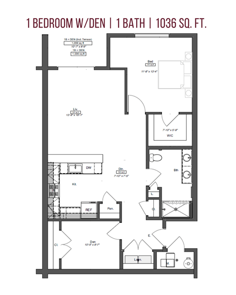 Floor plan for 1 bed, 1 bath, 1036 sqft